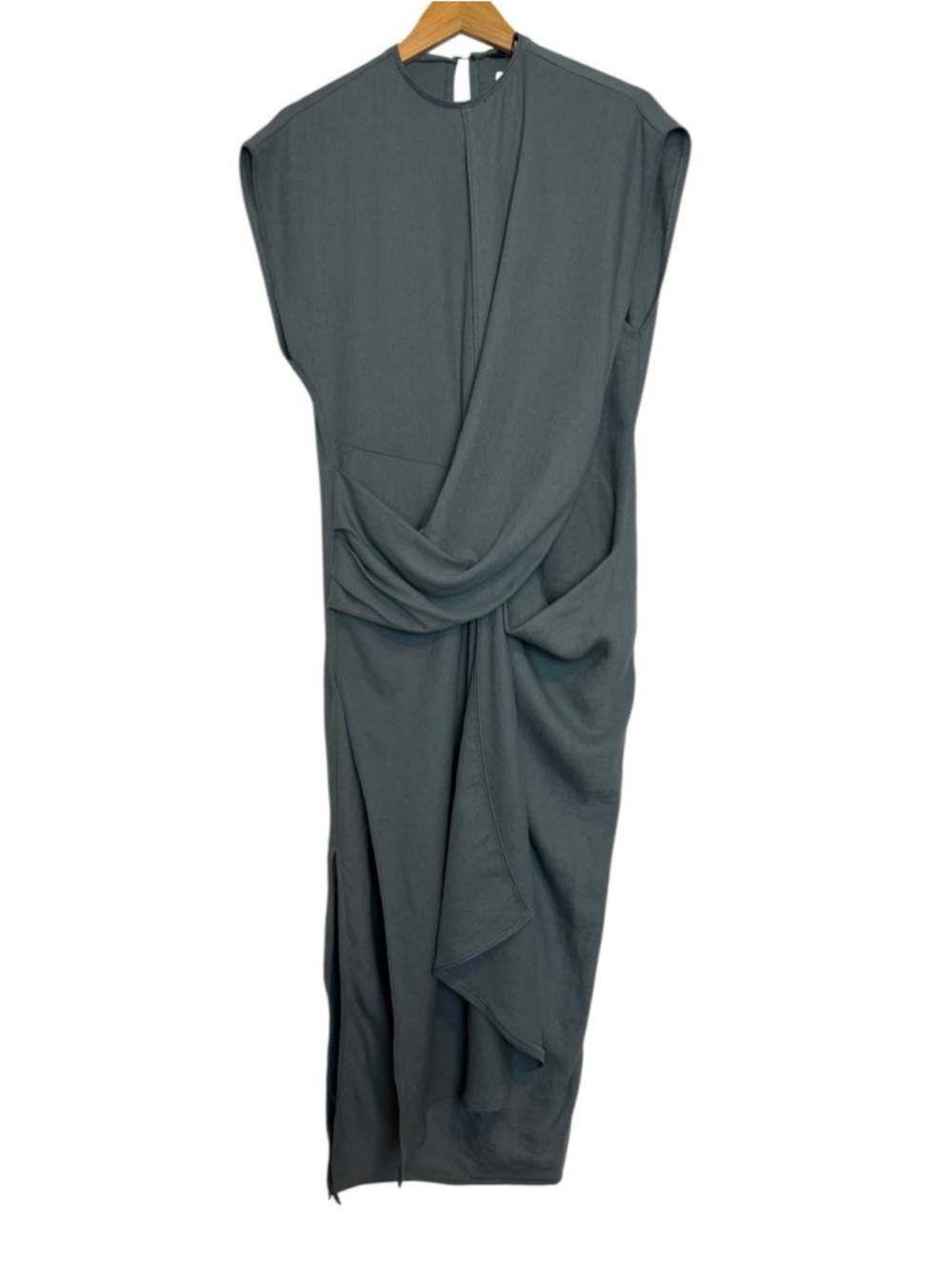 Zara Linen Blend Draped Midi Dress Blue Asymmetrical Minimalist XS NWT - Picture 5 of 11